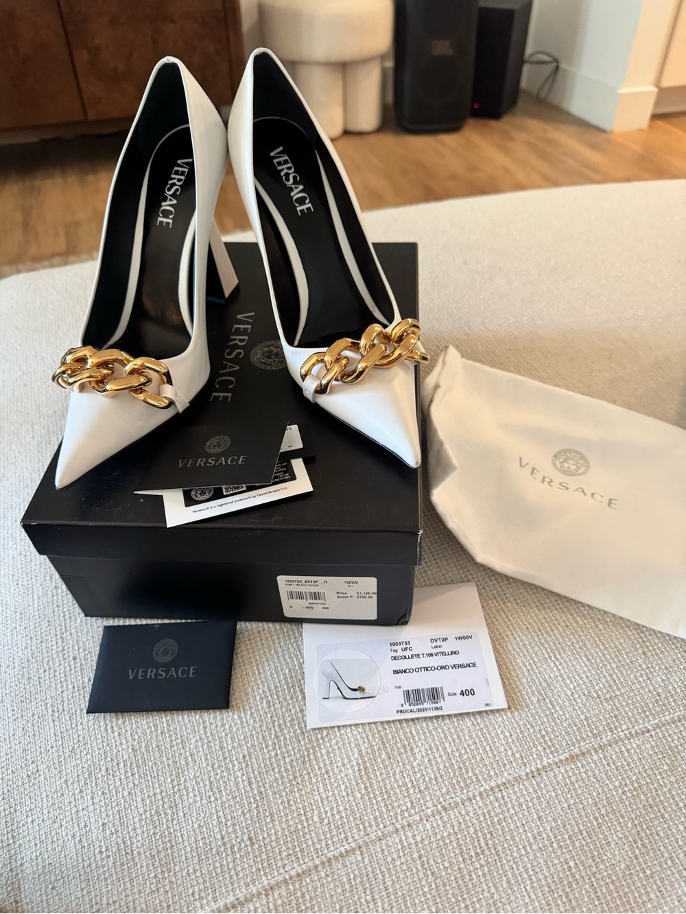 Versace White Leather Medusa Chain Pointed Toe Pumps NIB